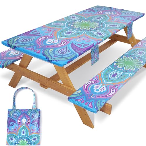 Picnic Table Cover with Bench Covers Non Slip Waterproof Vinyl Tablecloth for 8 Foot Rectangle Tables Gardening Needs Camping Rv Roadtrip Items for Tent Camper Gift for Teen Woman Man - color: Blue Bohemia, size: 96*30Inch