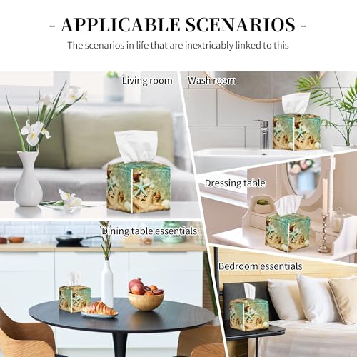 Starfish Seashell on Summer Beach Tissue Box Cover Square, Starfish Seashell Tissue Box Holder Waterproof Leather Facial Paper Organizer Dispenser for Bathroom Home Car Nightstand Vanity Desk - color: Color-2