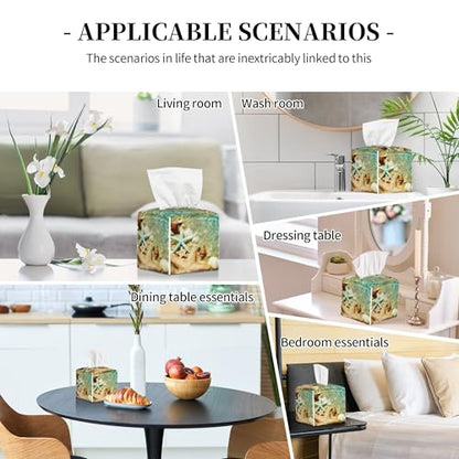 Starfish Seashell on Summer Beach Tissue Box Cover Square, Starfish Seashell Tissue Box Holder Waterproof Leather Facial Paper Organizer Dispenser for Bathroom Home Car Nightstand Vanity Desk - color: Color-2