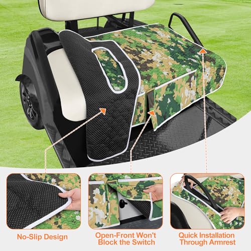 Golf Cart Seat Covers, Universal Golf Cart Seat Towel Blanket with 4 Front Pockets & Nonskid Bottom Fits for EZGO, Yamaha, Club Car and More 2 Person Seats Golf Carts - color: Green camouflage