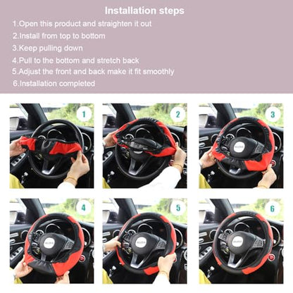 Ultra Fine Carbon Fiber Leather Steering Wheel Cover, Anti Slip and Sun Protective Protect The Steering Wheel, Easy to Install,Universal of 14.5"-15" (Red) - color: Red