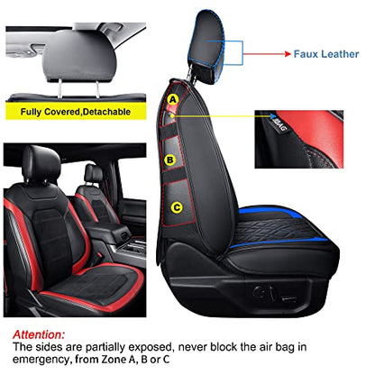 LUCKYMAN CLUB F150 Front-only Seat Covers J03-Q3 with Waterproof Faux Leather, Fit 2015-2025 Ford F150 and 2017-2025 F250 F350 F450 (Front only, Black-Blue) - color: Black&Blue, size: Front Pair