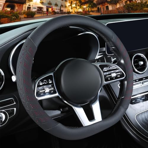 3D Premium Skin-Feel Leather Small D Shaped Steering Wheel Cover, Anti-Slip Breathable Soft Slim Design, 13.5 inch to 14 inch, Black with Red - color: Black with Red, size: D Type-Small[13.5''-14'']