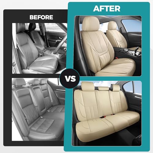 Car Seat Covers Full Set - Universal Seat Covers for Cars SUV Truck – Faux Leather Automotive Seat Covers, Breathable & Waterproof Front and Rear Seat Protectors, Fit for Most Cars-Beige - color: Beige