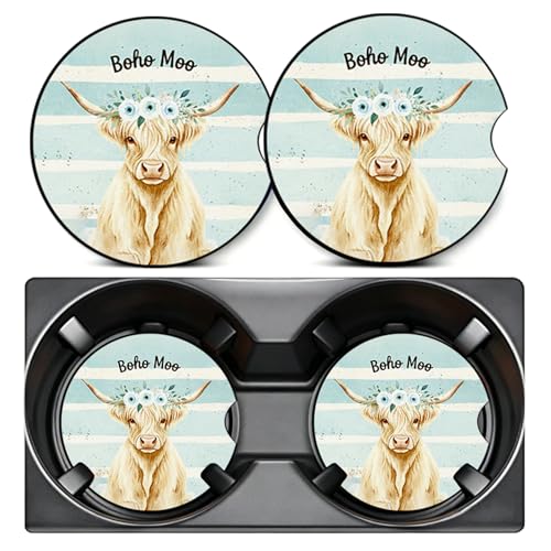4PCS Highland Cow Car Coasters,Car Coasters for Cup Holder,Cows Cars Accessories Interior Decor Universal Neoprene 2.75" Anti-Slip Rubber Mat with Finger Slot,Highland Cow Gifts for Women,Men,Driver - color: Moo Highland Cow