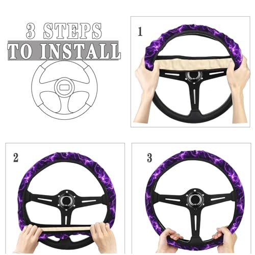 Black and Purple Lightning Cool Steering Wheel Cover for Women Men, Non-Slip Steering Wheel Protector Car Wheel Covers, Universal 15 Inch Fit for Auto, Suvs, Truck - color: Black And Purple Lightning Cool