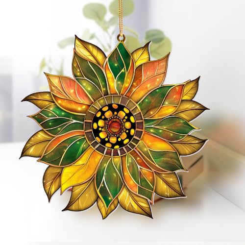 Stained Glass Acrylic Sunflower Ornament – Colorful Glass Sun Catcher for Windows, Christmas Tree Decoration 2025, Hanging Holiday & Everyday Décor Gift(Sun-22) - color: Sun-22