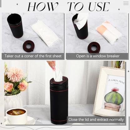 1 Pcs Car Tissues Cylinder Leather Round Container Car Tissues Holder with Tissue Paper with Window Breaker for Vehicle Bathroom Office(Black) - color: Black