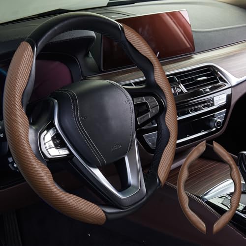2pcs Car Steering Wheel Cover,Anti-Skid Carbon Fiber Steering Wheel Protector for Men Women,Multiple Color Options,Universal for Most Car Interiors Accessories (Brown) - color: Brown, size: 2PCS