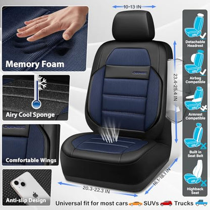 CAR PASS Memory Foam Seat Covers Front, Airy Cool Mesh Thick Car Seat Covers, Leather Car Seat Covers Front Seats Airbag Compatible, Universal Automotive Comfort for Most Cars, Trucks, SUV, Black Blue - color: balck and blue