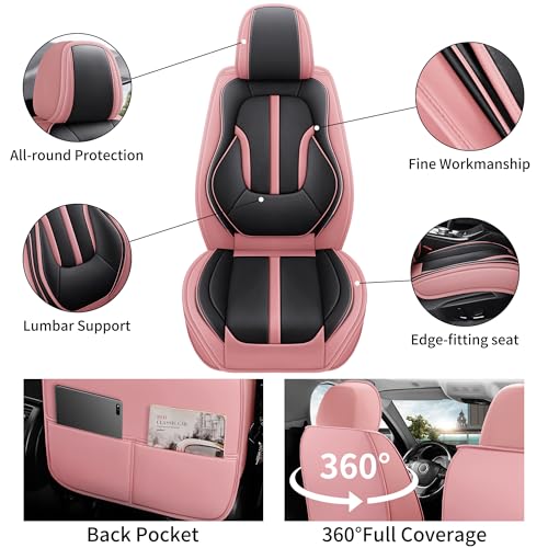 otoez Pink Car Seat Covers Full Set, 5 Seats Nappa Leather Seat Covers for Car, Breathable Automotive Front and Back Seat Protectors with Lumbar Support for Sedan SUV Truck Van, Black & Pink