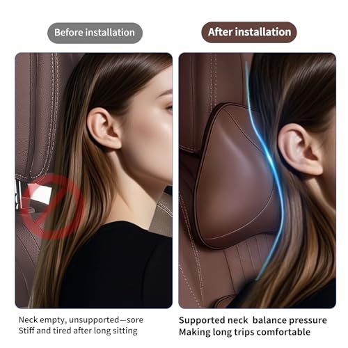 2PCS Leather Memory Foam Car Headrest Pillow Ergonomic Neck Pillow, Universal for Tesla Model Y/3/X/S BMW X3 X5 Lexus TX350 NX350 350h RX350 Volvo XC60 XC90 for Neck Pain Relief(Brown)