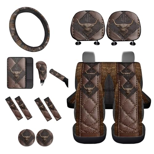Car Seat Cover Full Sets, Set of 16, Vintage Highland Cattle Print High Back Car Front Rear Seat Covers with Steering Wheel Cover Seatbelt Pads Armrest Pads Gear Shift and Handbrake Covers - color: Brown - Vintage Highland Cattle