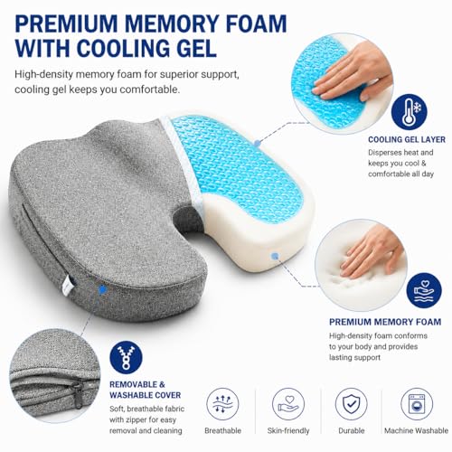 DR.DREAM Seat Cushion for Long Sitting, Cooling Gel Memory Foam Seat Cushion - Back, Sciatica, Coccyx, Tailbone Pain Relief - for Office Chairs, Car Seat, Wheelchair Sitting Cushion (Grey) - color: Grey