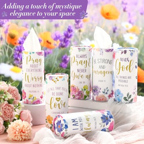 Outus 12 Pcs Floral Christian Car Tissues Cylinder Holder with 3 Ply Facial Tissue Bulk Inspirational Bible Verse Tissue Holder Flower Religious Travel Tissues Boxes Container for Car Cup Home Office - style: Flowers