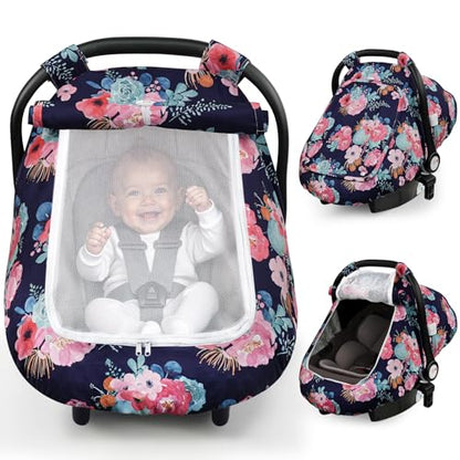 Elstey Car Seat Cover Baby, Minky Dot Carseat Covers Baby Boys Girls, Lightweight Infant Car Seat Cover Canopy with 2 Layers Breathable Mesh Windows, Stroller Carrier for Babies Newborn Essentials - color: Purple flowers