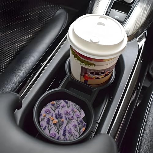 Absorbent Ceramic Car Coasters for Cup Holders, Purple Lavender Flower Design 2.56" Anti Slip Universal Drink Cup Coasters for Women Men (2 Pack) - color: Purple Lavender Flower