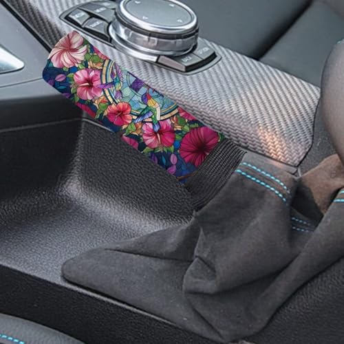 Hibiscus Hummingbird Cross Pattern 2 Pcs Car Handbrake Cover Set with Gear Shift Cover, Washable Auto Handbrake Grip Cover Stretchy Car Accessories Universal Fit for SUV Sedan Van - color: Hibiscus Hummingbird Cross