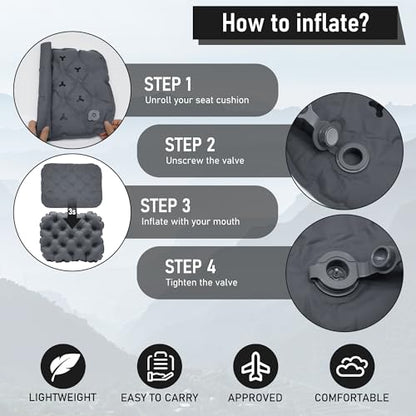 Inflatable Seat Cushion, Lightweight Stadium Seat Pad, Travel Air seat Cushion Anti-Slip for Airplane, Long Flights, Hiking, Climbing, Home and Camping, Home and Camping (Black) - color: Black