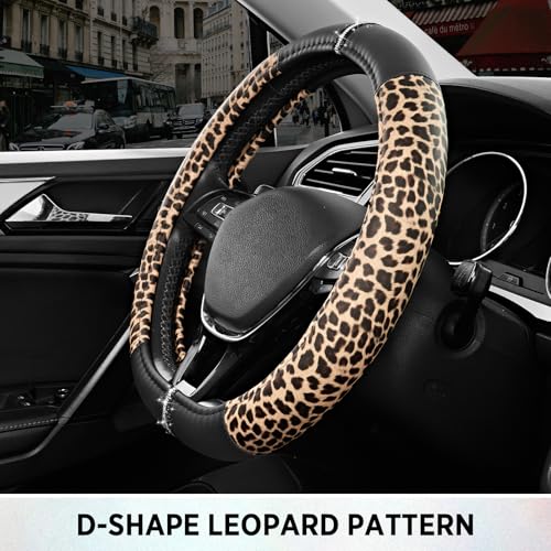 Road Comforts Leopard Steering Wheel Cover for Women, Cute Anti-Slip Microfiber Leather, Fits D Shape Flat Bottom Steering Wheel 14.5-15 Inch - Black - color: D Shape-Black