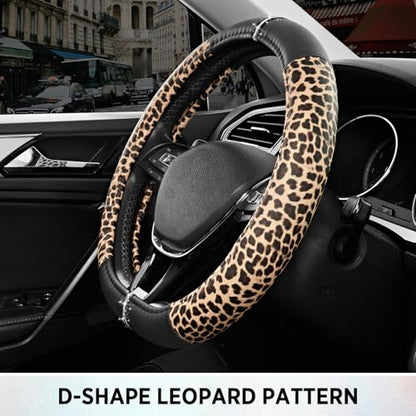 Road Comforts Leopard Steering Wheel Cover for Women, Cute Anti-Slip Microfiber Leather, Fits D Shape Flat Bottom Steering Wheel 14.5-15 Inch - Black - color: D Shape-Black