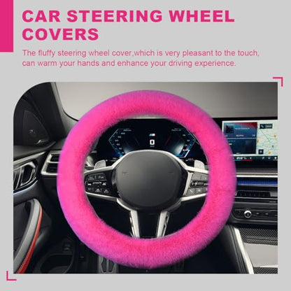 5PCS Fluffy Car Steering Wheel Cover Set, Includes Faux Fur Gear Shift Cover & Handbrake Cover & Steering Wheel Protector & 2 Seat Belt Shoulder Pads, Winter Fuzzy Warm Car Accessories (Rose Red) - color: Rose Red
