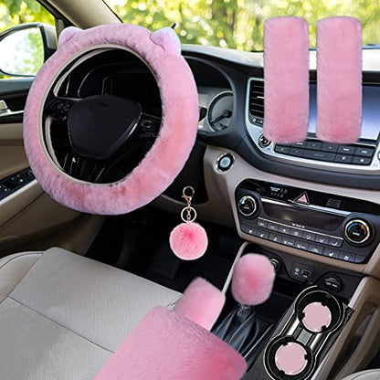 9 Pack Cute Bear Fluffy Steering Wheel Cover with Furry Gear Cover,Handbrake Cover,Seat Belt Pad,Armrest Pad,Bling Car Coaster and Fur Key Chain for Women Girls (Pink) - color: Pink