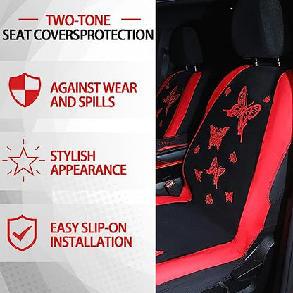BBTO 43 Pcs Butterfly Car Seat Full Set Butterfly Car Accessories for Women 5 Front Rear Seat Covers Wrist Strap 2 Pcs Cup Mat Armrest Pad 2 Belt Xmas Cover Accessories for SUV(Red, Black)