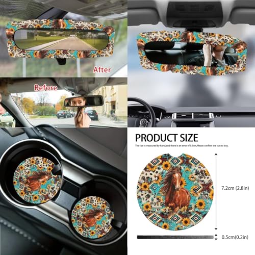 Wanyint Car Seat Cover Full Set 14 Pack, with Steering Wheel Seat Belt Rear View Mirror Center Console Trash Can Coaster Gear Shift Knob Cover Set Universal Fit, Aztec Horse Sunflower Vintage - color: Aztec Horse Sunflower Vintage