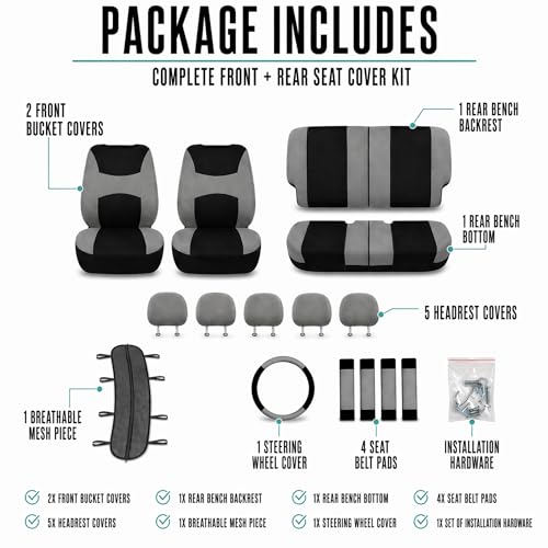 FH Group Universal Fit Gray Black Automotive Seat Covers Combo Set with Steering Wheel Cover and Seat Belt Pad fits Most Cars, SUVs, and Trucks (Airbag Compatible and Split Bench) - color: Gray/Black