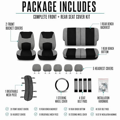 FH Group Universal Fit Gray Black Automotive Seat Covers Combo Set with Steering Wheel Cover and Seat Belt Pad fits Most Cars, SUVs, and Trucks (Airbag Compatible and Split Bench)