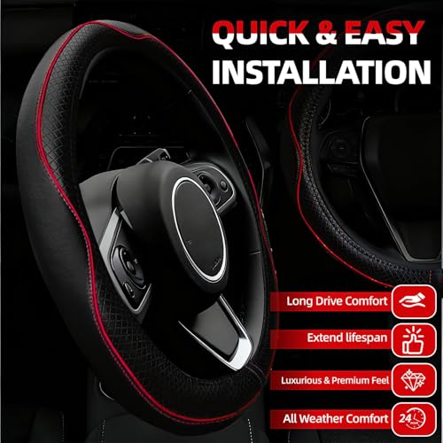 NBTEPEM 6 PCS Car Steering Wheel Cover Set, Microfiber Leather Steering Wheel Covers Universal 14.5-15 inch, Center Console Cover, Seat Belt Cushion, Cup Holder Coaster, Car Accessories Set Red - color: Black with red, size: Steering Wheel Cover Set