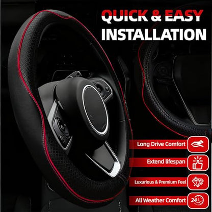 NBTEPEM 6 PCS Car Steering Wheel Cover Set, Microfiber Leather Steering Wheel Covers Universal 14.5-15 inch, Center Console Cover, Seat Belt Cushion, Cup Holder Coaster, Car Accessories Set Red - color: Black with red, size: Steering Wheel Cover Set