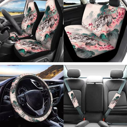Car Seat Cover Full Sets, Set of 16, Tiger Flower Printed High Back Car Front Rear Seat Covers with Steering Wheel Cover Seatbelt Pads Armrest Pads Gear Shift and Handbrake Covers Coaster - color: White and Pink - Tiger Flower