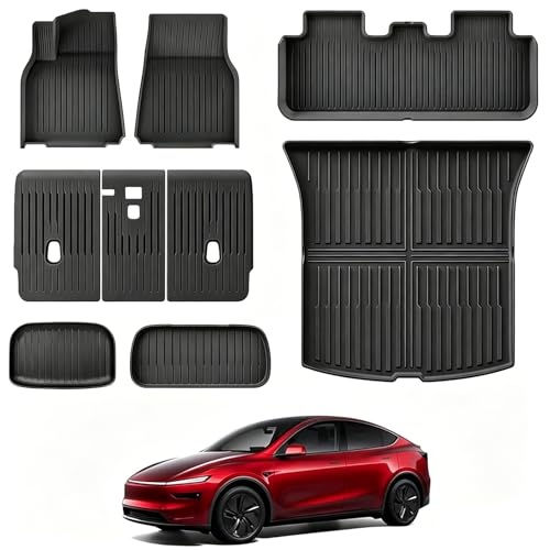 All Weather Floor Mats Custom Fit Tesla Model Y 2025-2026 5-Seater (Not for Standard),TPE Waterproof Odorless Car Floor Mats Set with Rear Seat Back Protector Interior Accessories(7 PCS)