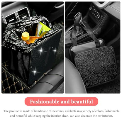 Car Foldable Trash Can, Bling Rhinestone Oxford Garbage Container Hanging Waterproof Organizer, Mini Crystal Dustbin Waste Basket Leakproof Trash Bin for Car Office Kitchen (Black) - color: Black