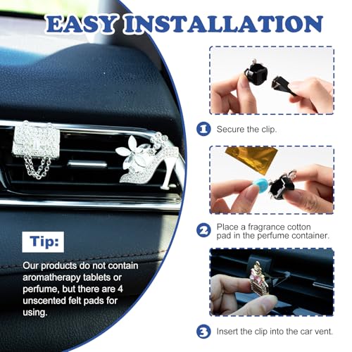 Rislobx 4PCS Bling Air Freshener Vent Clip, Crystal Diamond High Heel Shoe Bag Crown Perfume Bottle Car Diffuser Vent Clip Cute Bling Accessories Decoration for Women (Silver)