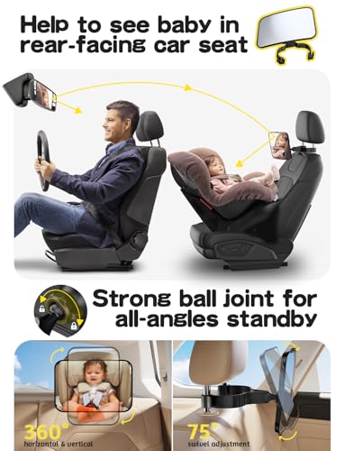 Baby Car Mirror Hook Design Ultra Stable Car Seat Mirror for Baby Rear Facing Secure and Shatterproof CarSeat Mirrors 360° Clear View Newborn Essential Accessories