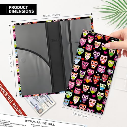 Leather Car Registration and Insurance Card Holder, Cute Car Accessories Vehicle Glove Box Car Organizer for Documents, Cards, License Cute Colorful Owls - color: Cute Colorful Owls