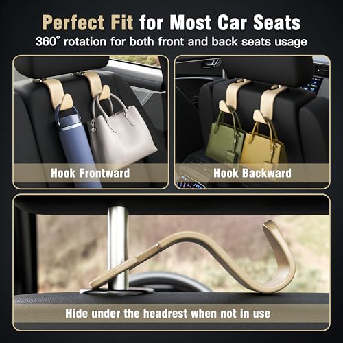 4-Pack Car Headrest Hooks Vehicle Storage Organizer for Purses Handbags Groceries Coats –Holds 55lbs 360° Rotating Simple Design Beige - color: L-Beige