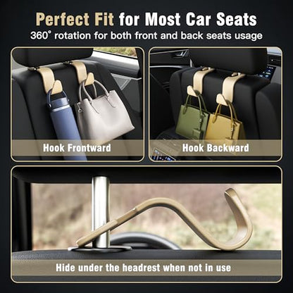4-Pack Car Headrest Hooks Vehicle Storage Organizer for Purses Handbags Groceries Coats –Holds 55lbs 360° Rotating Simple Design Beige - color: L-Beige