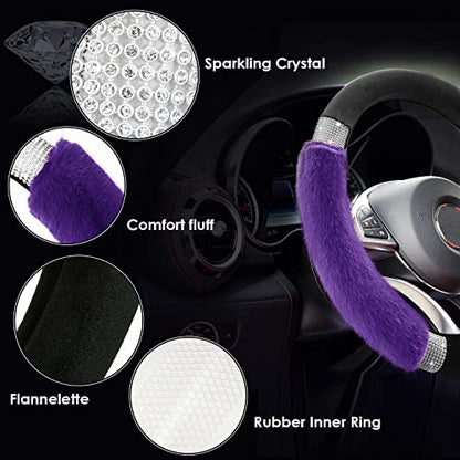 Achiou Rhinestone Fluffy Steering Wheel Cover - Comfortable Non-Slip Luxury Faux Wool, Universal Fit for 14.5" to 15" Steering Wheels - color: Black and Purple