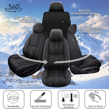 2PCS Front Car Seat Covers Fit for Nissan Frontier 2009-2024 2025 Breathable Faux Leather Seat Cushion with Lumbar Support Airbag Compatible Automotive Interior Accessories (Black)