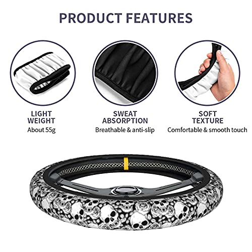 Skull Steering Wheel Cover Non Slip Black and White Neoprene Steering Wheel Protector Covers Universal 15 inch for Women Men Car Accessories - color: Black3
