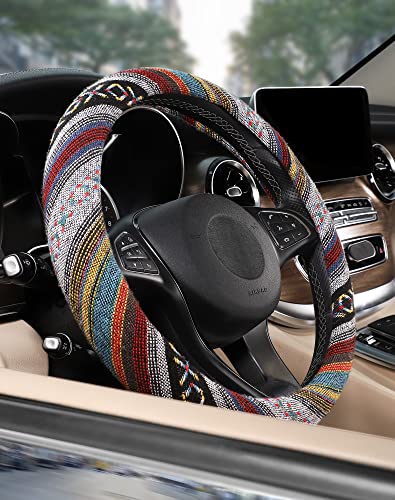 SEG Direct Boho Steering Wheel Cover with Baja Blanket Cloth, Ethnic Style Auto Wheel Cover Made of Coarse Flax, Fits 14 1/2-15 1/4 inches Car Wheel - color: Spinning Rainbow