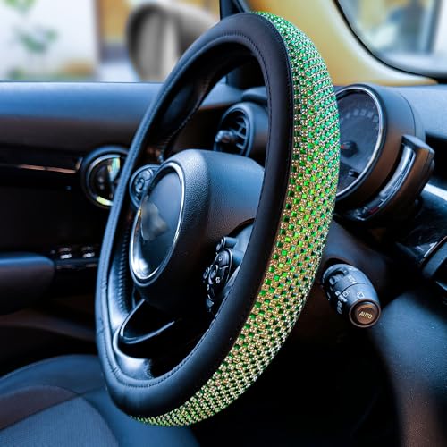 Bling Bling Comfy Steering Wheel Cover with Jumbo Crystal Rhinestones, Anti-Slip Diamond Leather, Universal 15 Inch (Vivid Green) - color: 910.Vivid Green, size: Medium(Standard) Size[14 1/2''-15'']