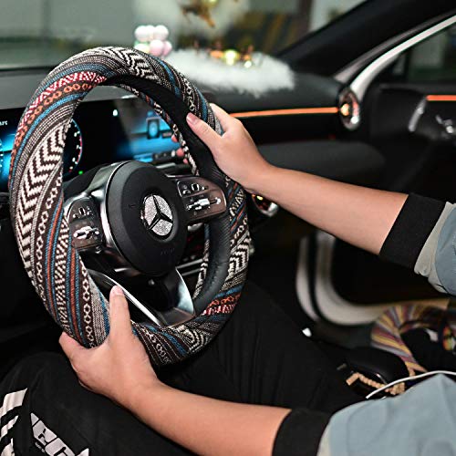 Universal 15inch Ethnic Style Baja Blanket Steering Wheel Cover with Coarse Flax Cloth and Sweat Absorption Anti Slip Car Wrap (Boho Dark) - style: Boho Dark