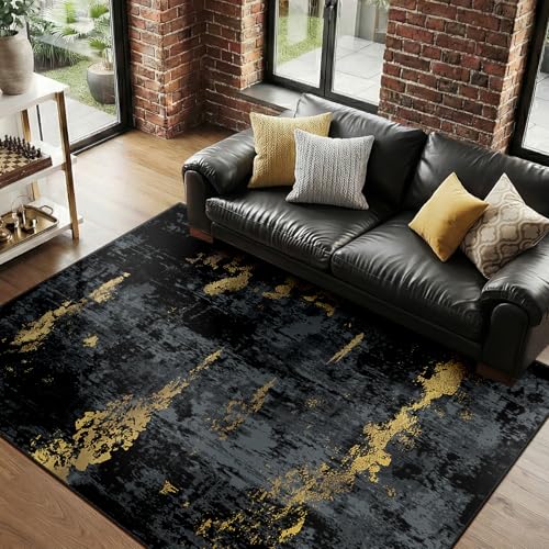 RELEANY Washable Area Rugs 8'x10' Non-Slip Modern Abstract Soft for Living Room Entryway Bedroom Nursery, Print Pattern, Dark Black Gold