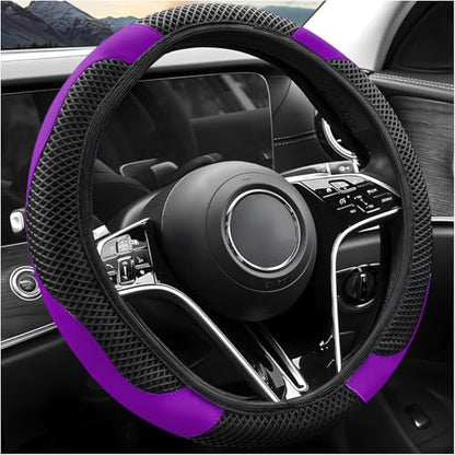 Elastic Stretch Steering Wheel Cover, Warm in Winter and Cool in Summer, Universal 15 inch Microfiber Breathable Ice Silk Anti Slip Car Interior Accessories, Odorless, (Black Purple)