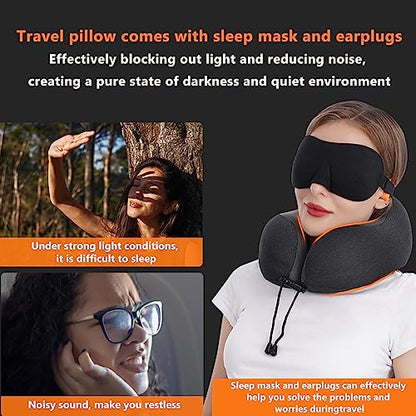 MLVOC Neck Pillow for Traveling, Upgraded 100% Pure Memory Foam Travel Neck Pillow for Airplane Flight Sleep, Breathable & Machine Washable Cover, Travel Kit with 3D Eye Mask, Earplugs & Bag, Black - color: Black